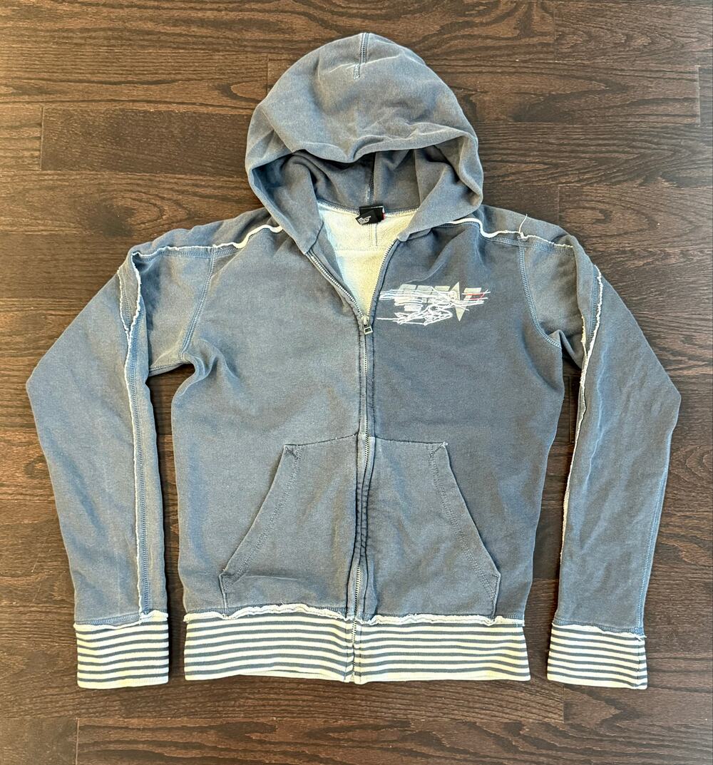 Diesel Faded Blue Full Zip Hoodie With Embroidered Graphic And Striped Rib Trim